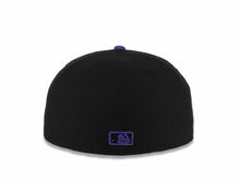 Load image into Gallery viewer, San Diego Padres New Era MLB 59FIFTY 5950 Fitted Cap Hat Black Crown/Visor Purple Logo 1998 World Series Side Patch Gray UV