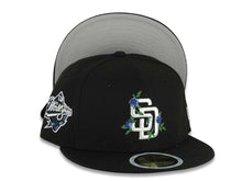 Load image into Gallery viewer, (Youth) San Diego Padres New Era MLB 59FIFTY 5950 Fitted Cap Hat Black Crown/Visor White Logo With Rose 1998 World Series Side Patch Gray UV
