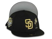 Load image into Gallery viewer, (Youth)San Diego Padres New Era MLB 9FIFTY 950 Kid Snapback Cap Hat Black Crown/Visor Metallic Gold Logo With Palm 40th Anniversary Side Patch Gray UV