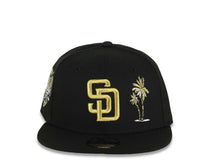 Load image into Gallery viewer, (Youth)San Diego Padres New Era MLB 9FIFTY 950 Kid Snapback Cap Hat Black Crown/Visor Metallic Gold Logo With Palm 40th Anniversary Side Patch Gray UV