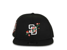 Load image into Gallery viewer, (Youth) San Diego Padres New Era MLB 9FIFTY 950 Kid Snapback Cap Hat Black Crown/Visor White Logo With Rose 40th Anniversary Side Patch Gray UV