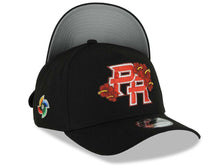 Load image into Gallery viewer, Puerto Rico New Era 9FORTY 940 Adjustable A-Frame Cap Hat Black Crown/Visor Red/White/Yellow Flower Logo World Baseball Classic Side Patch Gray UV