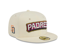 Load image into Gallery viewer, San Diego Padres New Era MLB 59FIFTY 5950 Fitted Cap Hat Chrome White Crown/Visor White/Magenta/Yellow Script Logo SD Side Patch (2026 City Connect 2.0)