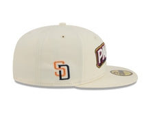 Load image into Gallery viewer, San Diego Padres New Era MLB 59FIFTY 5950 Fitted Cap Hat Chrome White Crown/Visor White/Magenta/Yellow Script Logo SD Side Patch (2026 City Connect 2.0)