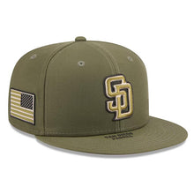 Load image into Gallery viewer, San Diego Padres New Era MLB 9FIFTY 950 Snapback Cap Hat Olive Crown/Visor Olive Logo US Flag (2026 Armed Forces Day)