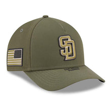 Load image into Gallery viewer, San Diego Padres New Era MLB 9FORTY 940 M-Crown A-Fram Cap Hat Olive Crown/Visor Olive Logo US Flag (2026 Armed Forces Day)