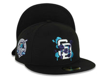 Load image into Gallery viewer, (Capland Exclusive) San Diego Padres New Era MLB 59FIFTY 5950 Fitted Black Cap Hat White/Purple/Turquoise Splatter Logo 40th Anniversary Side Patch