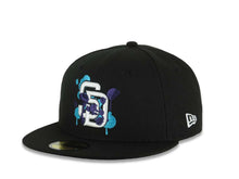 Load image into Gallery viewer, (Capland Exclusive) San Diego Padres New Era MLB 59FIFTY 5950 Fitted Black Cap Hat White/Purple/Turquoise Splatter Logo 40th Anniversary Side Patch