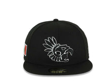 Load image into Gallery viewer, Mexico New Era 59FIFTY 5950 Fitted Cap Hat Black Crown/Visor Black/White Aztec Headdress Logo Mexico Flag Side Patch Gray UV