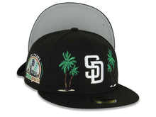 Load image into Gallery viewer, San Diego Padres New Era MLB 59FIFTY 5950 Fitted Cap Hat Black Crown/Visor White Logo 2 Palm Trees Petco Park 10 Years Side Patch Gray UV