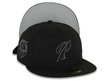 Load image into Gallery viewer, San Diego Padres New Era MLB 59FIFTY 5950 Fitted Cap Hat Black Crown/Visor Black/Dark Gray P Logo 40th Anniversary Side Patch Gray UV