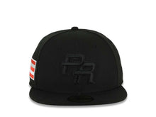 Load image into Gallery viewer, Puerto Rico New Era 59FIFTY 5950 Fitted Cap Hat Black Crown/Visor Black Logo WBC Back Logo Puerto Rico Flag Side Patch Gray UV