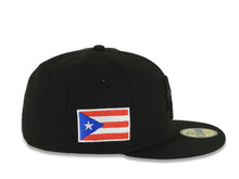 Load image into Gallery viewer, Puerto Rico New Era 59FIFTY 5950 Fitted Cap Hat Black Crown/Visor Black Logo WBC Back Logo Puerto Rico Flag Side Patch Gray UV