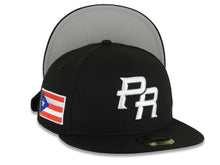 Load image into Gallery viewer, Puerto Rico New Era 59FIFTY 5950 Fitted Cap Hat Black Crown/Visor White Logo WBC Back Logo Puerto Rico Flag Side Patch Gray UV