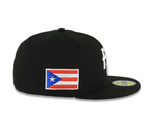 Load image into Gallery viewer, Puerto Rico New Era 59FIFTY 5950 Fitted Cap Hat Black Crown/Visor White Logo WBC Back Logo Puerto Rico Flag Side Patch Gray UV