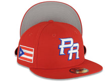 Load image into Gallery viewer, Puerto Rico New Era 59FIFTY 5950 Fitted Cap Hat Red Crown/Visor White/Royal Blue Logo WBC Back Logo Puerto Rico Flag Side Patch Gray UV