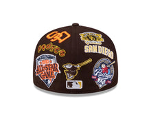 Load image into Gallery viewer, San Diego Padres New Era MLB 59FIFTY 5950 Fitted Cap Hat Dark Brown Crown/Visor Yellow Logo All MLB Team Logos Gray UV (Allover)
