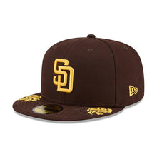 Load image into Gallery viewer, San Diego Padres New Era MLB 59FIFTY 5950 Fitted Cap Hat Brown Crown/Visor Yellow Logo Gray UV (WordMark)