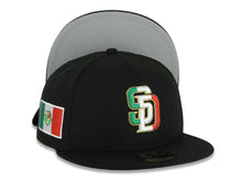 Load image into Gallery viewer, San Diego Padres New Era MLB 59FIFTY 5950 Fitted Cap Hat Black Crown/Visor Green/White/Red Vertical Logo Mexico Flag Side Patch Gray UV
