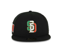 Load image into Gallery viewer, San Diego Padres New Era MLB 59FIFTY 5950 Fitted Cap Hat Black Crown/Visor Green/White/Red Vertical Logo Mexico Flag Side Patch Gray UV
