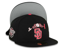 Load image into Gallery viewer, San Diego Padres New Era MLB 59FIFTY 5950 Fitted Cap Hat Black Crown/Visor Magenta/White Logo With Hummingbirds 1998 World Series Side Patch Gray UV