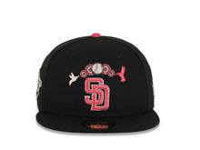 Load image into Gallery viewer, San Diego Padres New Era MLB 59FIFTY 5950 Fitted Cap Hat Black Crown/Visor Magenta/White Logo With Hummingbirds 1998 World Series Side Patch Gray UV