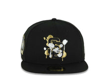 Load image into Gallery viewer, San Diego Padres New Era MLB 59FIFTY 5950 Fitted Cap Hat Black Crown/Visor Black/Metallic Gold/White Splatter Logo 10 Years Petcopark Side Patch