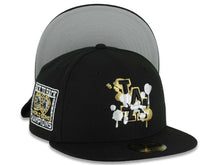 Load image into Gallery viewer, Los Angeles Dodgers New Era MLB 59FIFTY 5950 Fitted Cap Black Crown/Visor Black/White/Gold Splatter Logo 9x World Series Champions Side Patch Gray UV