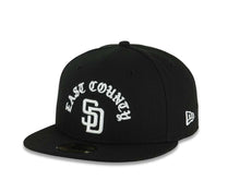 Load image into Gallery viewer, San Diego Padres New Era MLB 59FIFTY 5950 Fitted Cap Hat Black Crown/Visor White East County Script/Text Logo 40th Anniversary Side Patch Gray UV
