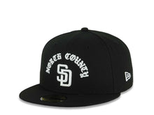 Load image into Gallery viewer, San Diego Padres New Era MLB 59FIFTY 5950 Fitted Cap Hat Black Crown/Visor White North County Script/Text Logo 10 Years Petcopark Side Patch Gray UV