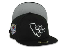 Load image into Gallery viewer, West Coast New Era 59FIFTY 5950 Fitted Cap Hat Black Crown/Visor Black/White Logo 40th Anniversary Side Patch Gray UV