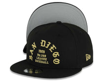 Load image into Gallery viewer, San Diego Padres New Era MLB 9FIFTY 950 Snapback Cap Hat Black Crown/Visor Metallic Gold 1969 Major League Baseball Text/Script Logo Gray UV