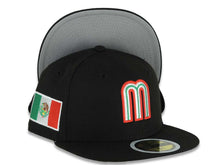Load image into Gallery viewer, (Youth)Mexico New Era WBC World Baseball Classic 59FIFTY 5950 Kid Fitted Cap Hat Black Crown/Visor Team Color Logo Mexico Flag Side Patch Gray UV