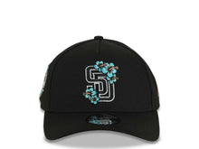 Load image into Gallery viewer, San Diego Padres New Era MLB 9FORTY 940 Adjustable A-Frame Cap Hat Black Crown/Visor Black/White/Teal Logo With Floral 40th Anniversary Side Patch