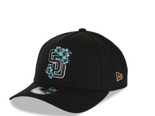 Load image into Gallery viewer, San Diego Padres New Era MLB 9FORTY 940 Adjustable A-Frame Cap Hat Black Crown/Visor Black/White/Teal Logo With Floral 40th Anniversary Side Patch