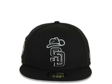 Load image into Gallery viewer, San Diego Padres New Era MLB 59FIFTY 5950 Fitted Cap Hat Black Crown/Visor Black/White Logo With Cowboy Hat 40th Anniversary Side Patch Gray UV