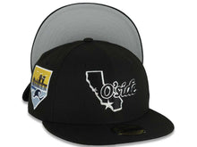 Load image into Gallery viewer, Oceanside California Map New Era 59FIFTY 5950 Fitted Cap Hat Black Crown/Visor Black/White Logo South Bay Pier Side Patch Gray UV