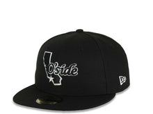 Load image into Gallery viewer, Oceanside California Map New Era 59FIFTY 5950 Fitted Cap Hat Black Crown/Visor Black/White Logo South Bay Pier Side Patch Gray UV