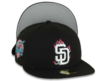 Load image into Gallery viewer, San Diego Padres New Era MLB 59FIFTY 5950 Fitted Cap Hat Black Crown/Visor White/Teal/Pink With Flame/Fire Logo 40th Anniversary Side Patch Gray UV