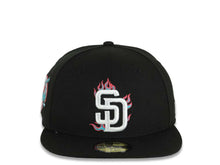 Load image into Gallery viewer, San Diego Padres New Era MLB 59FIFTY 5950 Fitted Cap Hat Black Crown/Visor White/Teal/Pink With Flame/Fire Logo 40th Anniversary Side Patch Gray UV