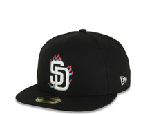 Load image into Gallery viewer, San Diego Padres New Era MLB 59FIFTY 5950 Fitted Cap Hat Black Crown/Visor White/Teal/Pink With Flame/Fire Logo 40th Anniversary Side Patch Gray UV