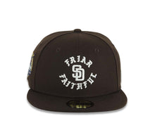 Load image into Gallery viewer, San Diego Padres New Era MLB 59FIFTY 5950 Fitted Cap Hat Dark Brown Crown/Visor White Friar Faithful Text/Script Logo 40th Anniversary Side Patch