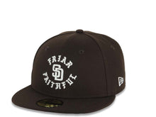 Load image into Gallery viewer, San Diego Padres New Era MLB 59FIFTY 5950 Fitted Cap Hat Dark Brown Crown/Visor White Friar Faithful Text/Script Logo 40th Anniversary Side Patch