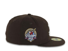 Load image into Gallery viewer, San Diego Padres New Era MLB 59FIFTY 5950 Fitted Cap Hat Dark Brown Crown/Visor White Friar Faithful Text/Script Logo 40th Anniversary Side Patch