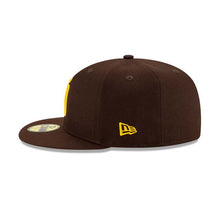 Load image into Gallery viewer, San Diego Padres New Era MLB 59FIFTY 5950 Fitted Cap Hat Dark Brown Crown/Visor Yellow Logo 2026 MLB World Tour Mexico City Series Side Patch