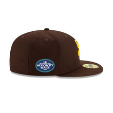 Load image into Gallery viewer, San Diego Padres New Era MLB 59FIFTY 5950 Fitted Cap Hat Dark Brown Crown/Visor Yellow Logo 2026 MLB World Tour Mexico City Series Side Patch