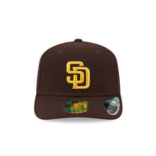 Load image into Gallery viewer, San Diego Padres New Era MLB 9SEVENTY 970 Stretch-Snap Cap Hat Dark Brown Crown/Visor Yellow Logo 2026 MLB World Tour Mexico City Series Side Patch