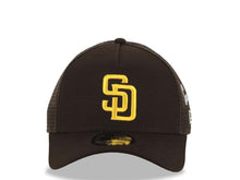 Load image into Gallery viewer, San Diego Padres New Era MLB 9FORTY 940 Adjustable A-Frame Mesh Trucker Cap Hat Brown Crown/Visor Yellow Logo San Diego Script Side Patch Gray UV