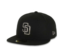 Load image into Gallery viewer, San Diego Padres New Era MLB 59FIFTY 5950 Fitted Cap Hat Black Crown/Visor Metallic Dark Gray Logo 25th Anniversary Side Patch Gray UV