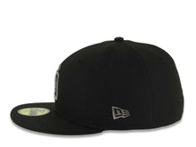 Load image into Gallery viewer, San Diego Padres New Era MLB 59FIFTY 5950 Fitted Cap Hat Black Crown/Visor Metallic Dark Gray Logo 25th Anniversary Side Patch Gray UV